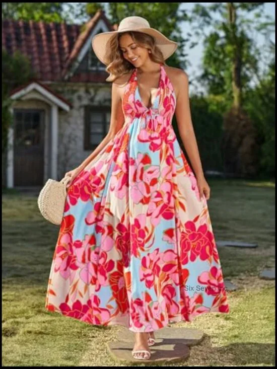 Polyester Elastane Maxi Sundress Halter Tie V Neck A Line with Pockets - Picture 2 of 5